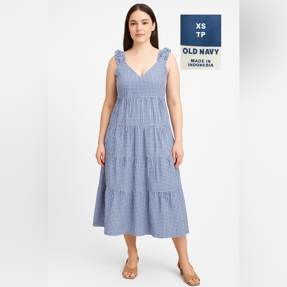 Old Navy Blue Gingham Midi Dress Tiered Ruffle Sleeve Tie Back Cottagecore Sz xs